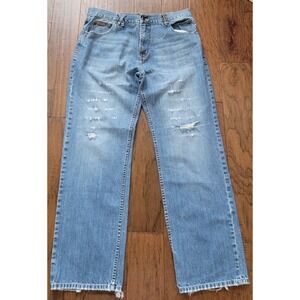 LRGeans Mens The Original WorkHorse Blue Loose/Bootcut Distressed Jeans Sz 38x33